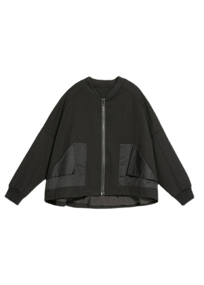 Black O-neck Zip Up Pockets Ruffles Patchwork Cotton Coats Long Sleeve