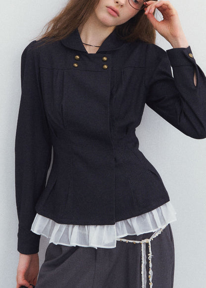 French Peter Pan Collar Patchwork Top Fall