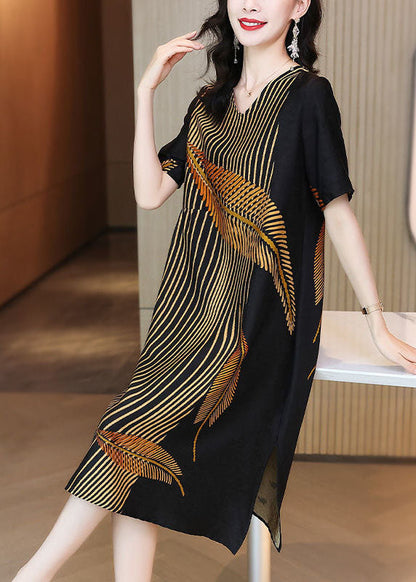 Black V Neck Leaf Print Side Open Silk Long Dress Summer