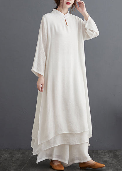 White Stand Collar Patchwork Cotton Two Pieces Set Fall