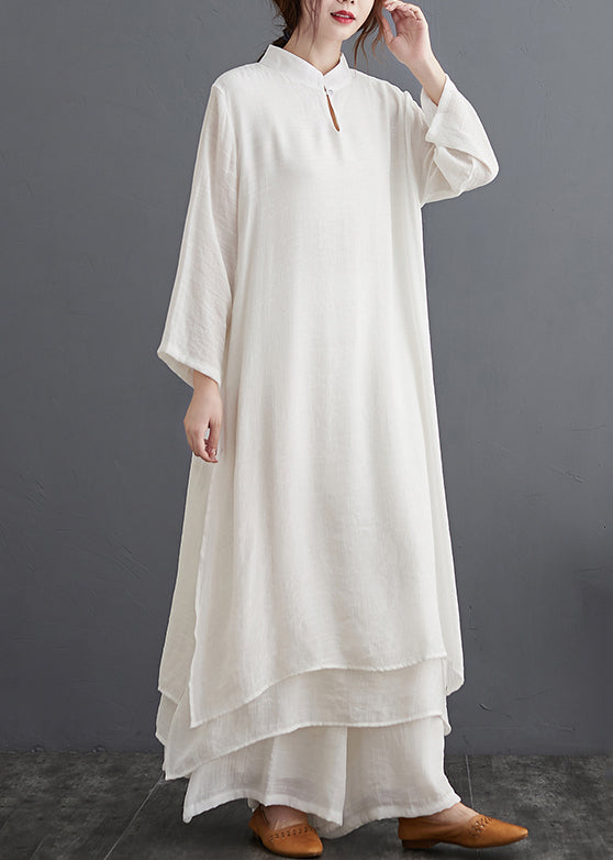 White Stand Collar Patchwork Cotton Two Pieces Set Fall