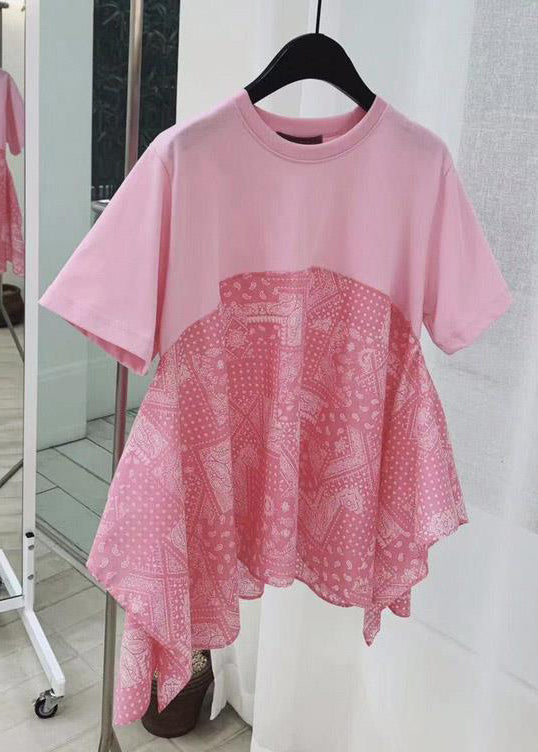 Loose Navy O-neck Print Patchwork Cotton T Shirt Summer