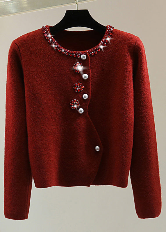 Red O-neck Thick Cotton Knit Sweater Winter