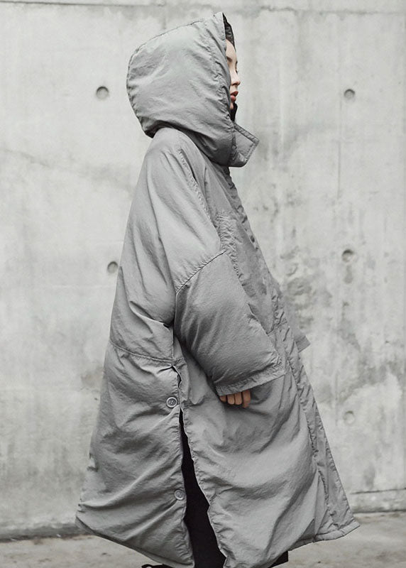 Grey Hooded Pockets Side Open Thick Winter Cotton Coat