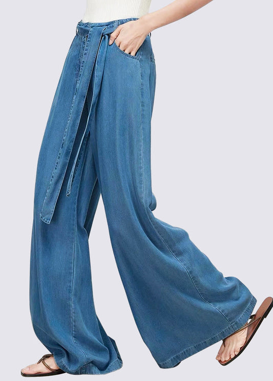 Light Blue Pockets Tie Waist Denim Silk Wide Leg Pants Fall