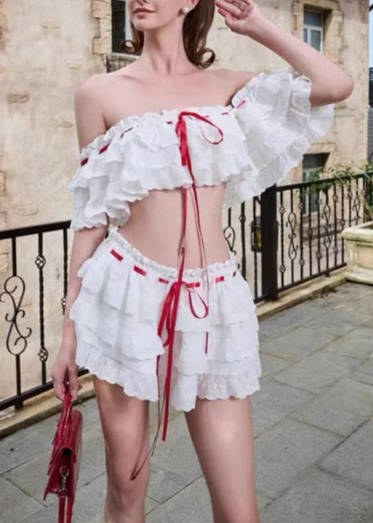 White Ruffled Lace Up Cotton Two Piece Set Summer