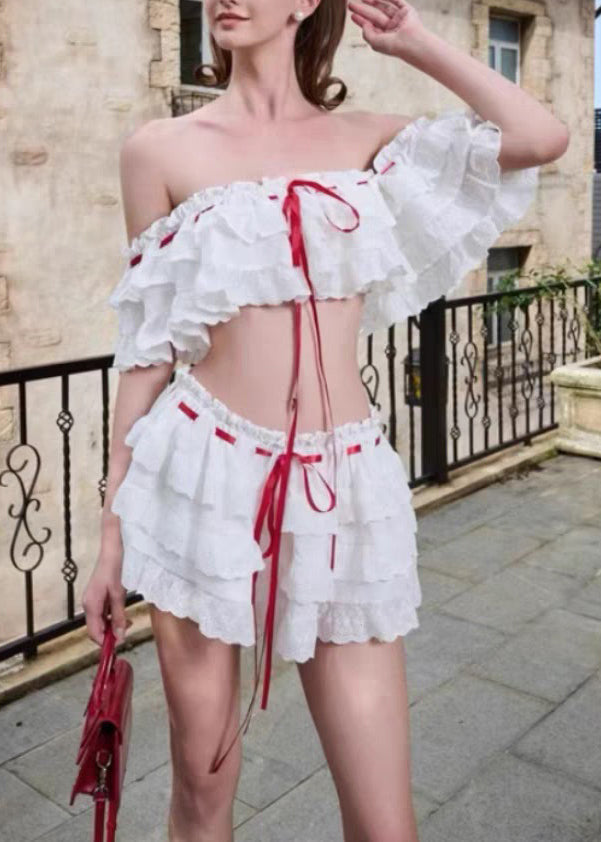 White Ruffled Lace Up Cotton Two Piece Set Summer