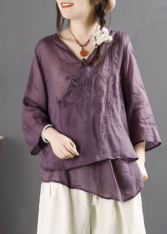 Purple V Neck Embroideried Chinese Button Linen Tops Summer