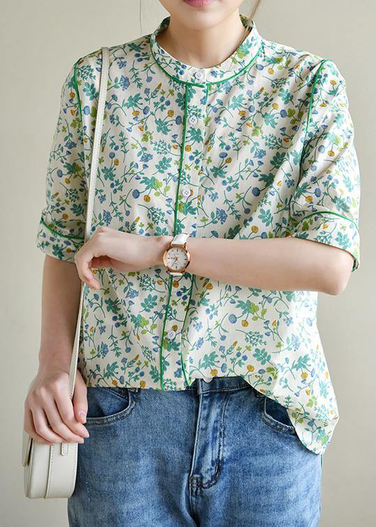 Short Sleeve Green Print Cotton Blouses