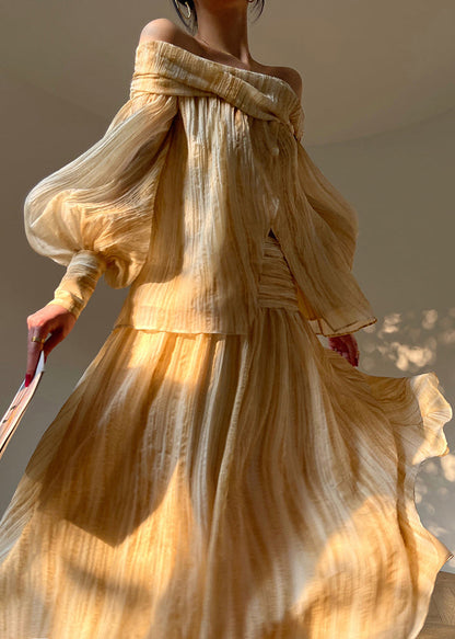 Art Beige Slash Neck Front Open Shirts and Skirts 2 Piece Outfit Lantern Sleeve