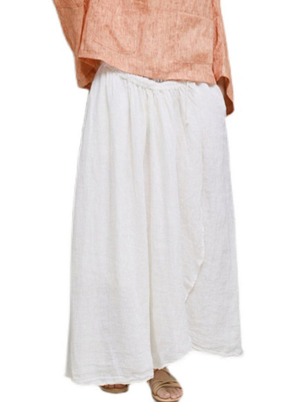 Stylish White Asymmetrical Pockets Wrinkled Tie Waist Linen Skirt Summer