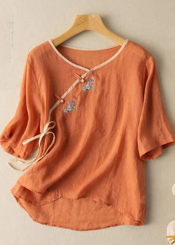 Orange V Neck Tie Waist Embroideried Linen Shirt Top Spring