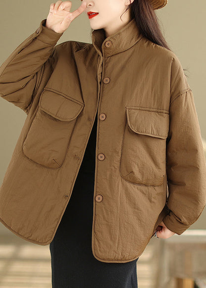 Coffee Stand Collar Pockets Fine Cotton Filled Jackets Winter