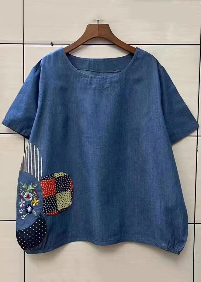 Loose Navy O-neck Embroideried Patchwork Denim T Shirt Top Summer