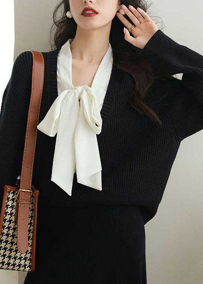 Green Bow Cozy Fake Two Pieces Knit Sweaters Spring