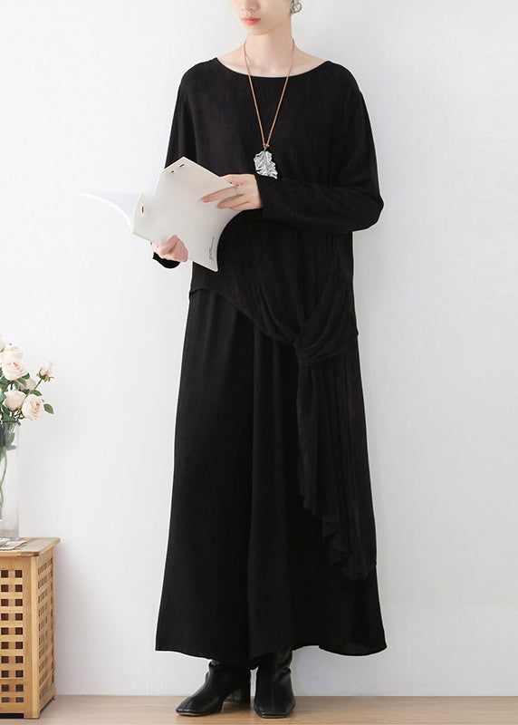 Loose Black O-neck Asymmetrical Top and Wide Leg Pants Two Pieces Set Fall