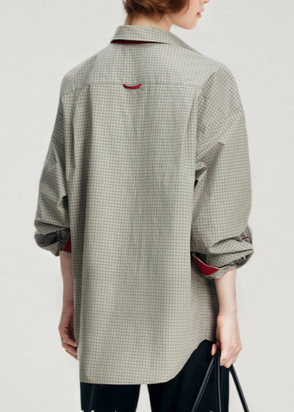 French Grey Oversized Plaid Cotton Fake Two Piece Shirts Spring