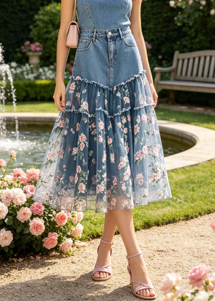 Pink Flower Print Patchwork Tulle Denim Skirt Fall