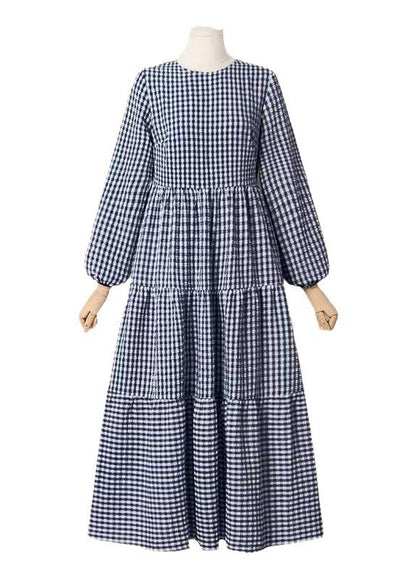 Simple Green Plaid Cotton Maxi Dresses Spring