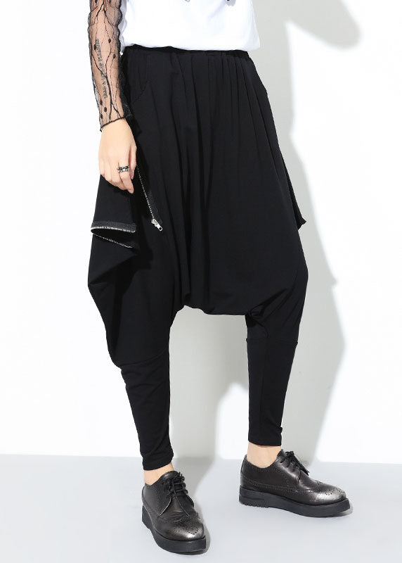 Black Patchwork Pockets Zippered Fall Harem Pants
