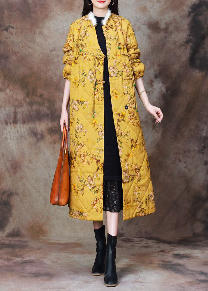 Yellow Chinese Button Print Cotton Filled Coat Long Sleeve