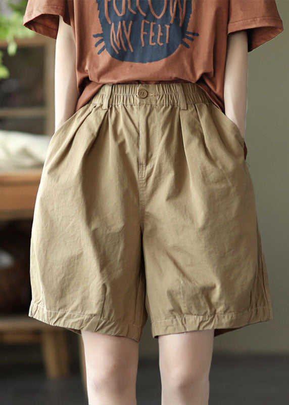 Khaki Pockets Cotton Overalls Shorts Elastic Waist Summer