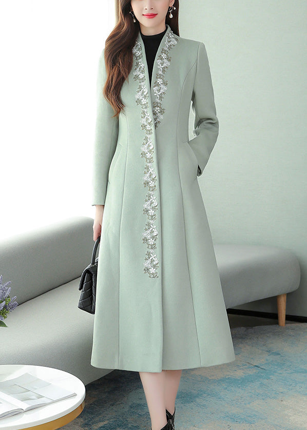 Mint Green Embroideried Woolen Maxi Trench Coat Long Sleeve
