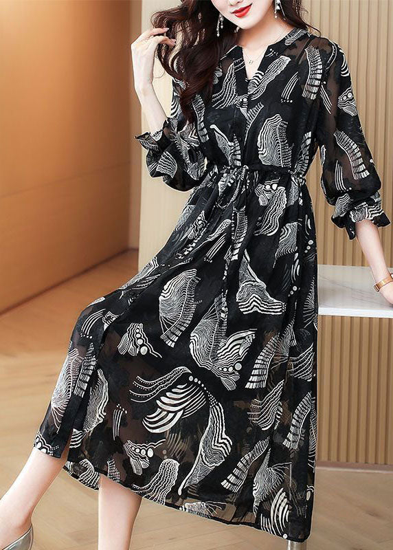 Black V Neck Tie Waist Print Chiffon Holiday Dress Spring