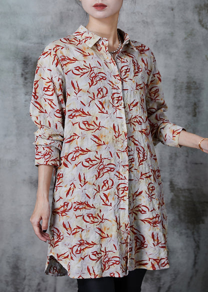 Apricot Peter Pan Collar Print Linen Long Shirts Summer