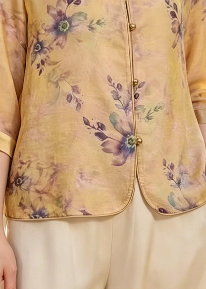 Yellow Print Silk Blouse Tops Bracelet Sleeve