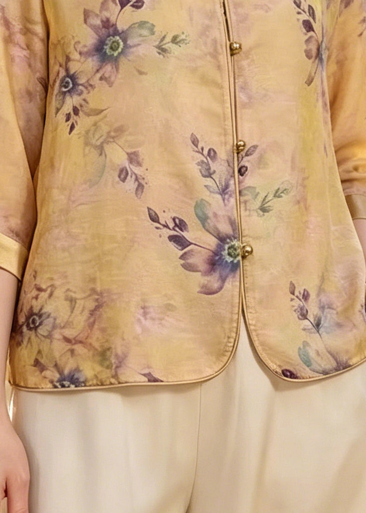 Yellow Print Silk Blouse Tops Bracelet Sleeve