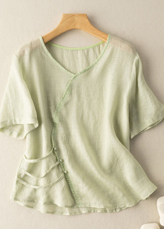 White V Neck Button Patchwork Linen Shirt Top Summer