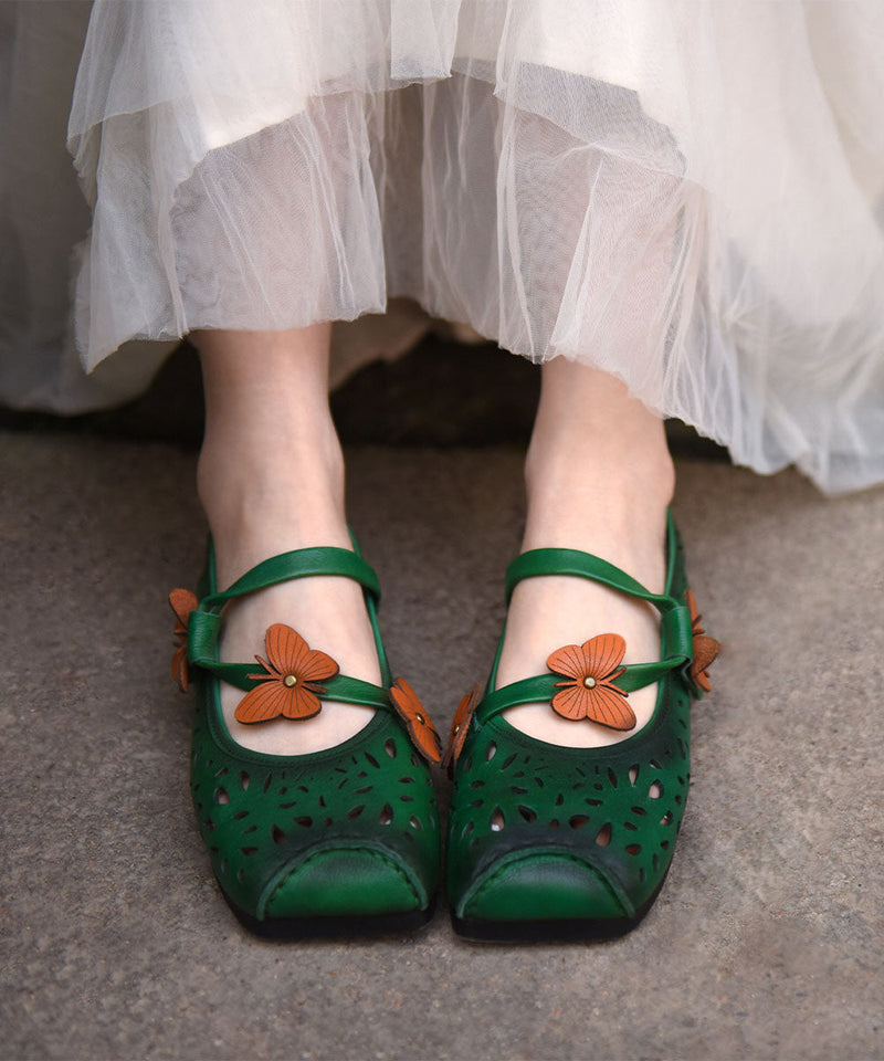 Green Flat Shoes for Cowhide Leather Soft Butterfly Splicing Hollow Out