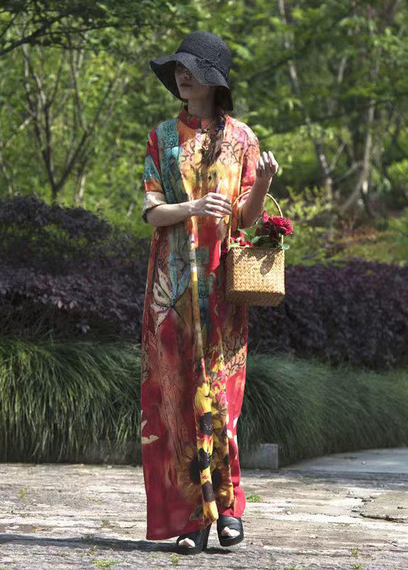 Original Stand Collar Print Linen Long Dresses Spring