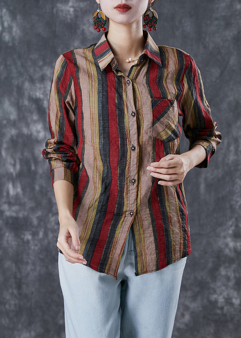 Red Peter Pan Collar Striped Linen Shirt Top Fall
