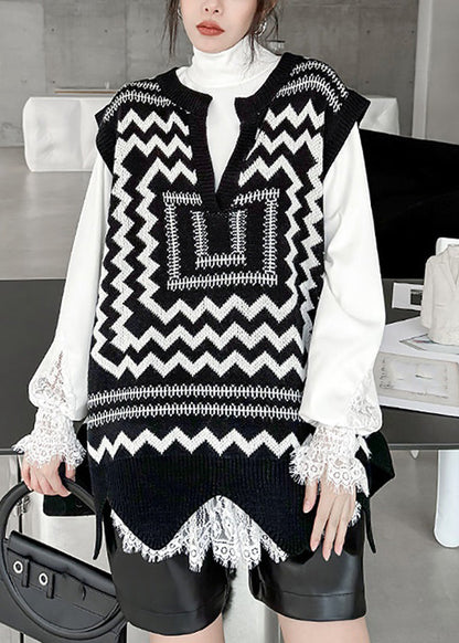 Black White Print V Neck Asymmetrical Thick Cotton Knit Waistcoat Sleeveless