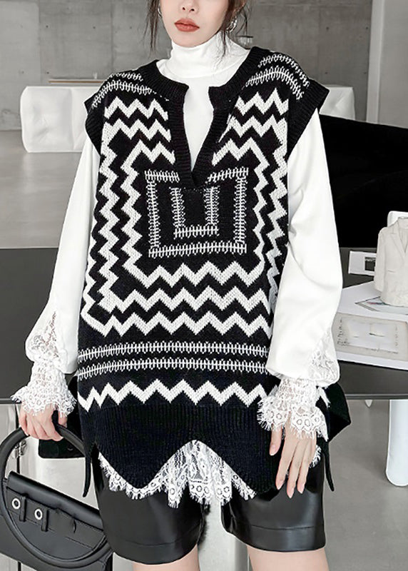 Black White Print V Neck Asymmetrical Thick Cotton Knit Waistcoat Sleeveless