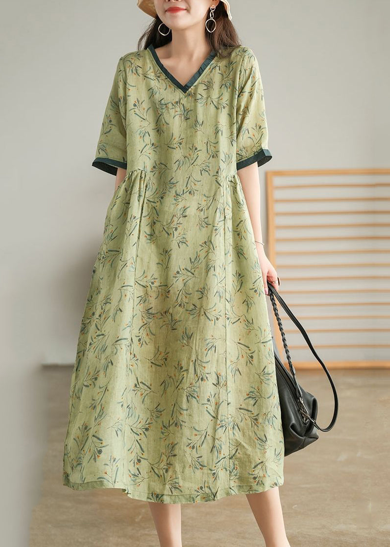 Green Wrinkled V Neck Patchwork Cotton Long Dress Short Sleeve