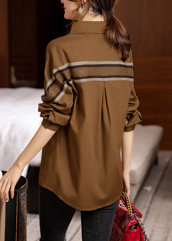 Coffee Peter Pan Collar Button Patchwork Cotton Shirt Fall
