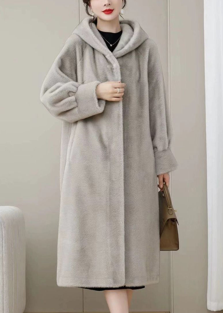 Loose Purple Hooded Pockets Mink Hair Coats Winter
