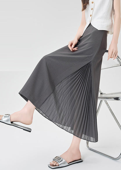 Classy Grey Patchwork Wrinkled Chiffon a Line Skirt Fall