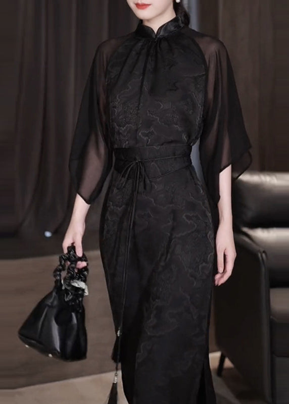 Black Stand Collar Jacquard Patchwork Silk Dresses Fall