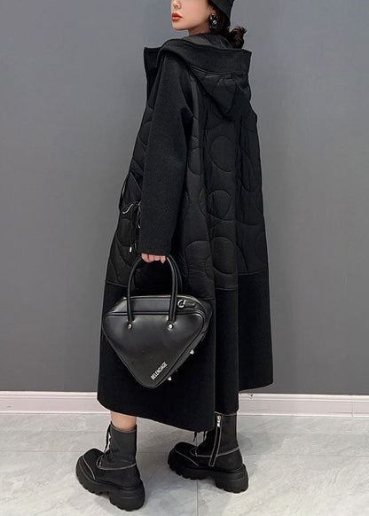 Black Hooded Pockets Patchwork Fine Cotton Filled Witner Coats