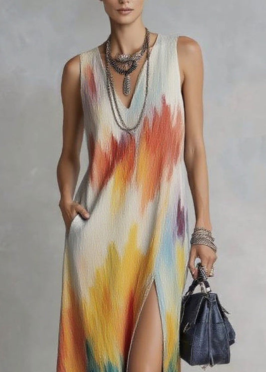 V Neck Side Open Print Long Dresses Sleeveless