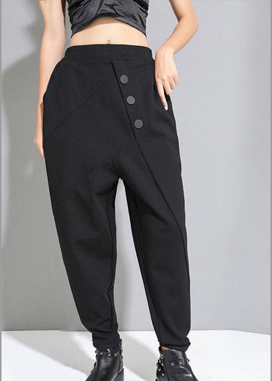 French Black Patchwork Pockets Button Fall Harem Pants