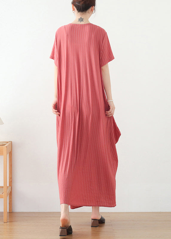 Pink Wrinkled V Neck Cotton Party Dress Short Sleeve