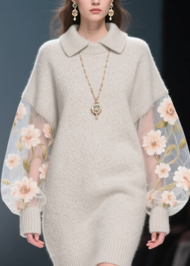Grey Tulle Patchwork Knit Sweater Dress Winter
