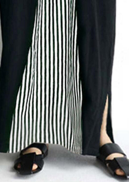 Black O-neck Striped Patchwork Cozy Maxi Dress Short Sleeve