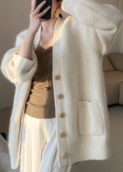 Beige V Neck Button Pockets Cotton Knit Coats Fall