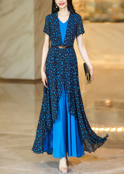 Stylish Blue Dot Print Asymmetrical Patchwork Chiffon Dresses Summer